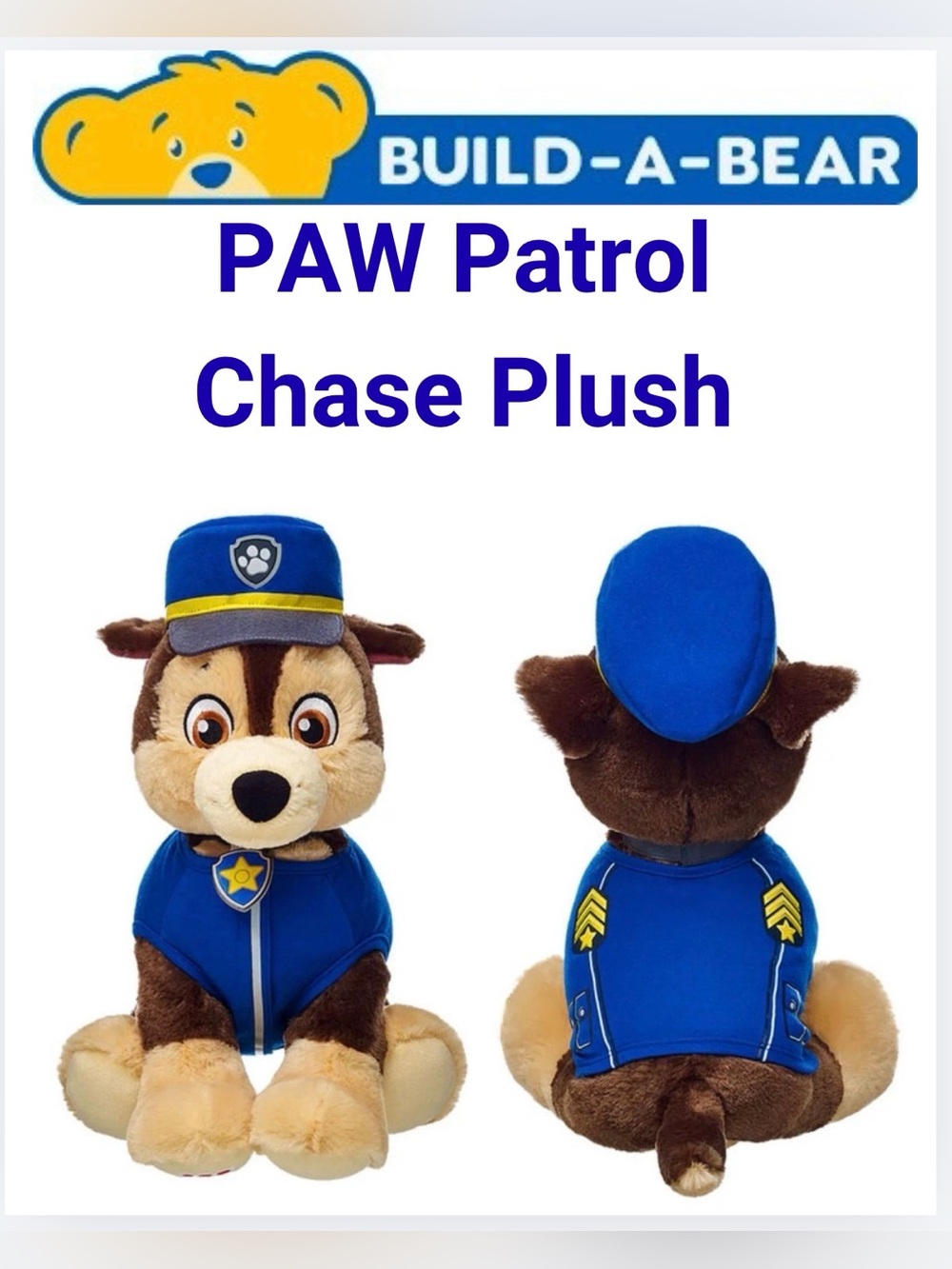 Build-A-Bear Workshop PAW Patrol Chase Plush w/ Vest, Hat & Sound – 15” Like New